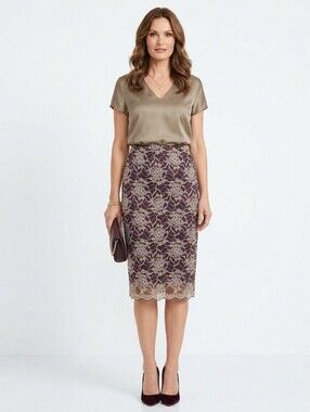 Georgiou Women's Purple Vintage Floral Lace Pull On Midi Skirt Size Small